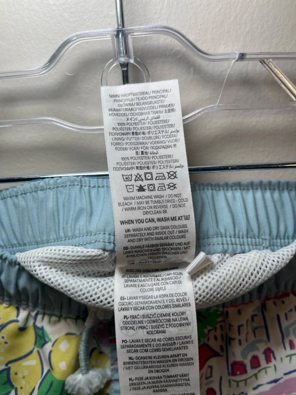 Mini Boden Pastel Coastal Print Swim Shorts in Light Blue, Yellow & Green